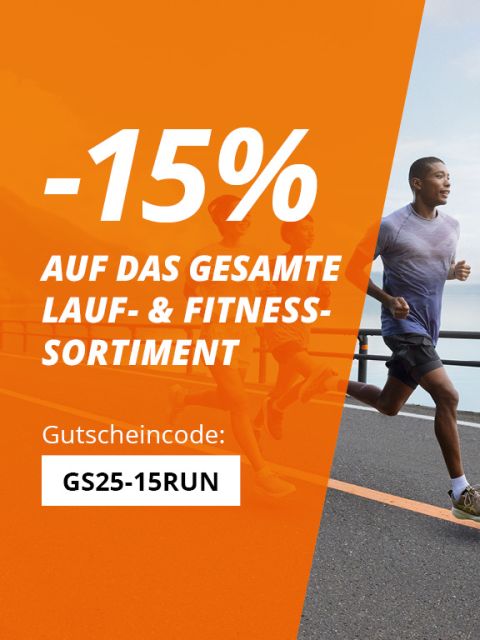 Orangefarbenes Banner mit einem Text, der 15 % Rabatt auf Lauf- und Fitnessprodukte in deutscher Sprache anbietet. Enthält einen Gutscheincode „GS25-15RUN“. Rechts läuft ein Mann auf einer Straße.