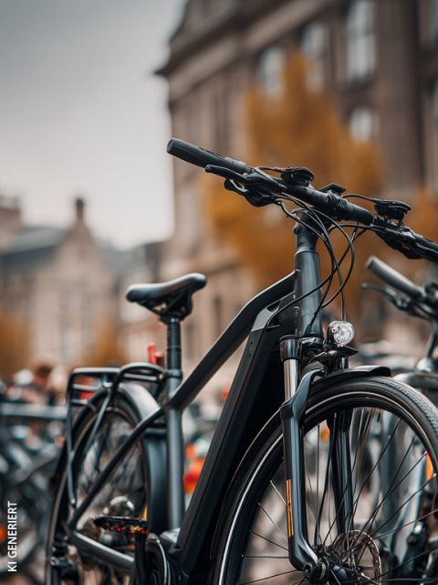 Eine Nahaufnahme eines schwarzen Elektrofahrrads, das auf einer Straße in der Stadt geparkt ist, mit unscharfen Gebäuden und anderen Fahrrädern im Hintergrund, unter einem bedeckten Himmel.