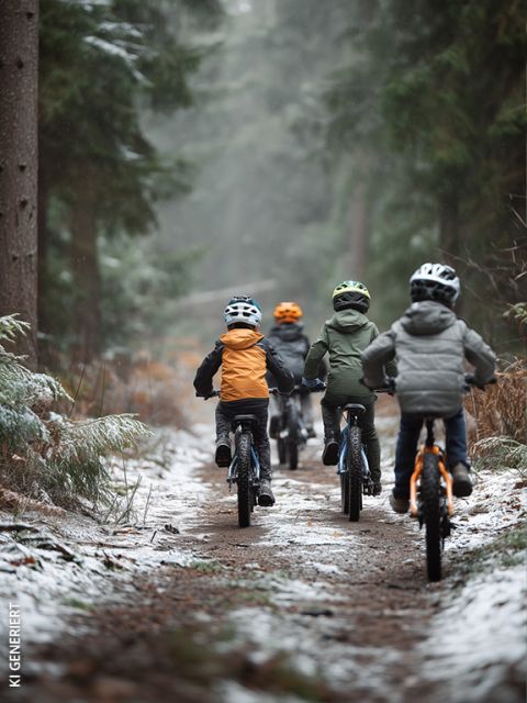 Vier Kinder mit Helmen und Winterjacken fahren auf Fahrrädern einen verschneiten Waldweg entlang, umgeben von hohen immergrünen Bäumen und leichten Schneeflecken auf dem Boden.