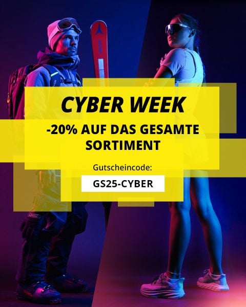 Zwei Personen in Sportkleidung stehen vor einem blau-lila Hintergrund. Auf gelben Bannern steht: "CYBER WEEK -20% AUF DAS GESAMTE SORTIMENT" mit einem Rabattcode "GS25-CYBER". Der Text ist auf Deutsch.