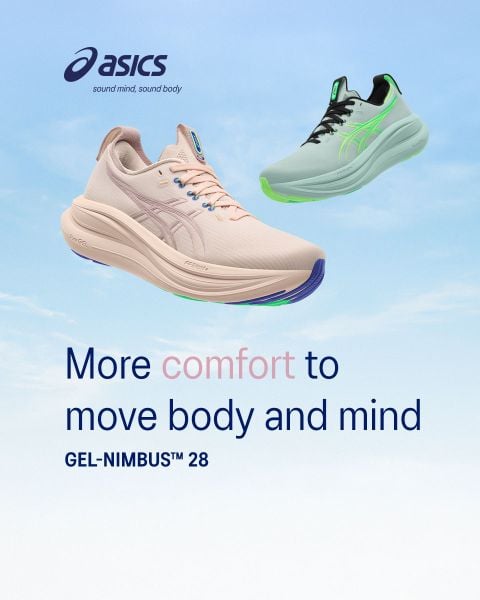 Zwei ASICS GEL-NIMBUS 28 Laufschuhe, ein beiger und ein mintgrüner, schweben über dem Text Mehr Komfort, um Körper und Geist zu bewegen".