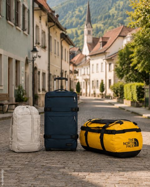 Ein leuchtend orangefarbener Wanderrucksack und ein blaugrüner Seesack liegen neben einem geparkten Lieferwagen auf dem Boden, während im Hintergrund bewaldete Berge zu sehen sind.