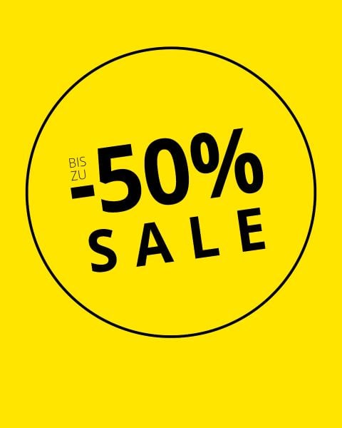 Gelber Hintergrund mit einem schwarzen Kreis, in dem der Text „BIS ZU -50 % SALE“ in fetten schwarzen Buchstaben steht.