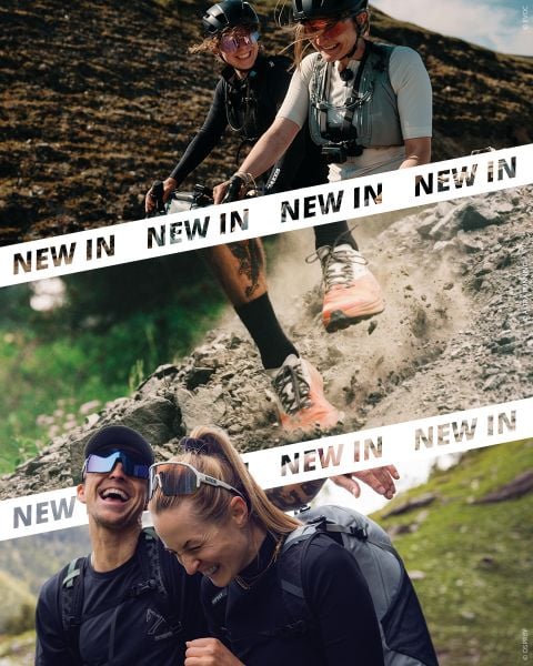 Drei Fotos: lächelnde Radfahrer, eine Nahaufnahme von Trailrunning-Schuhen und zwei lachende Wanderer im Freien, jeweils mit dem Schriftzug „NEW IN“ über dem Bild.